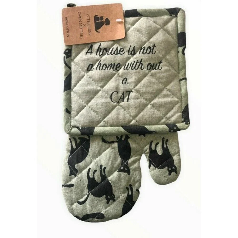 Cat Kitchen Oven Mitt Potholder Set Kitty Kitten Pet House Home Without a Cat